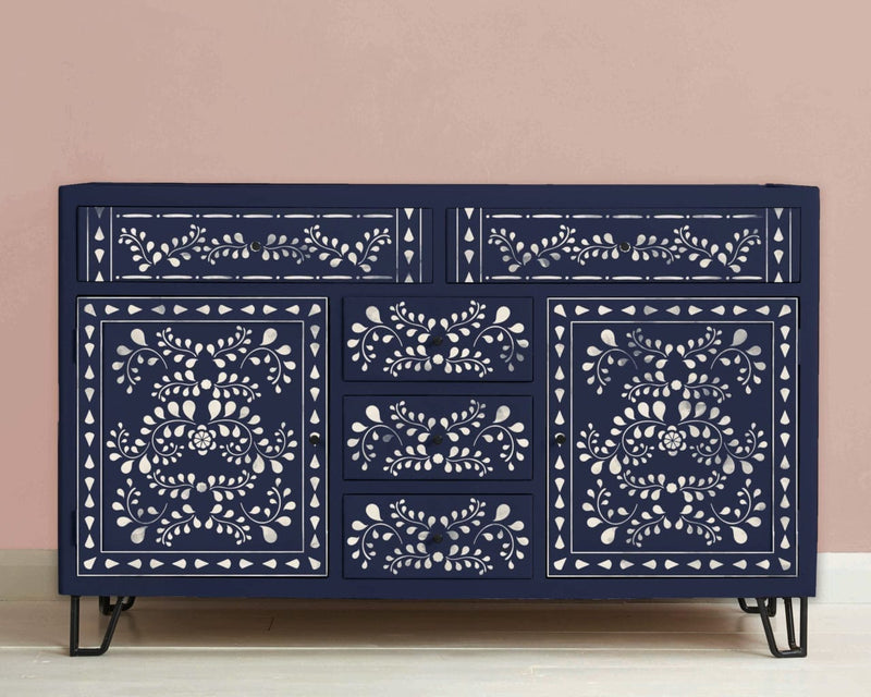 Inspired by the traditional Indian bone inlay furniture Annie discovered during her travels in Rajasthan, the Faux Bone Inlay stencil consists of three separate pieces: the main inlay pattern, a variety of borders and corners, and smaller embellishments to customize your design.