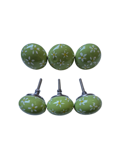 GREEN DAISY
Set of 3
Drawer knob

Each Knob is ~4.5cm wide and 3cm deep.

Screw thread length 3cm

Add a touch of charm to your furniture with this set of 3 Lime Green Drawer Knobs, each adorned with a delicate daisy design. These playful knobs bring a vibrant pop of color and a hint of whimsy to any room. Perfect for refreshing drawers, cabinets, or dressers, their cheerful aesthetic pairs beautifully with a variety of styles, adding a fresh, floral accent wherever they’re used.