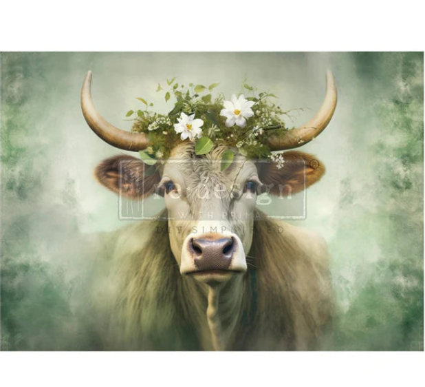 bessie decoupage tissue paper. a highland cow with a flower crown