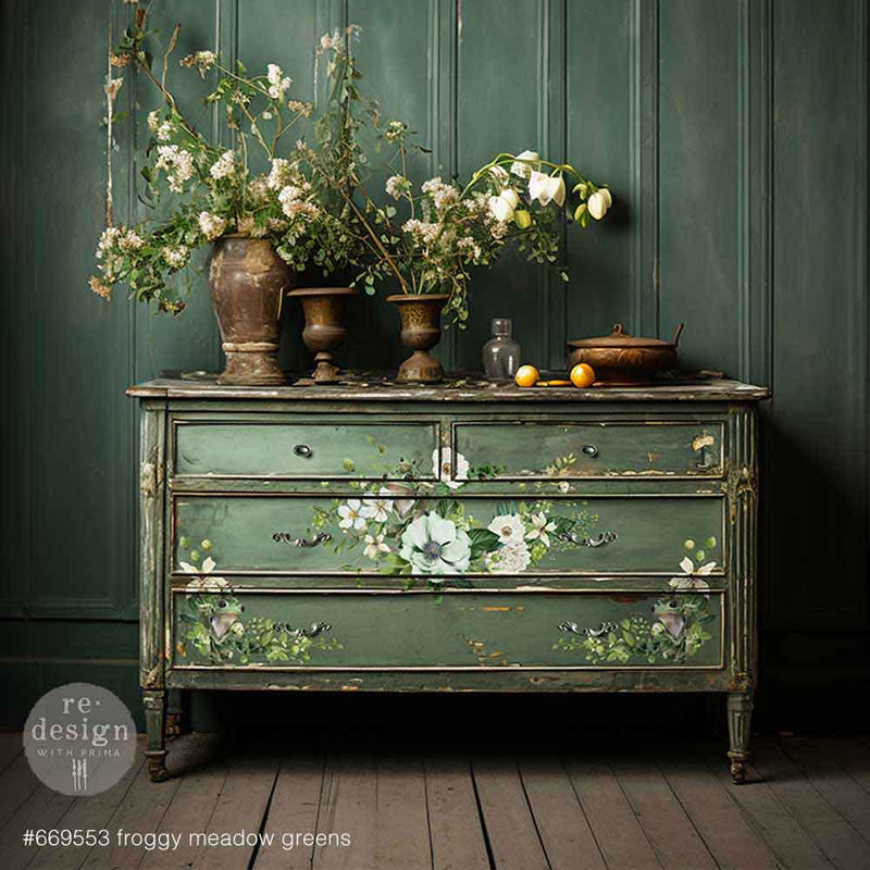 white flowers, leaves and frogs furniture transfer