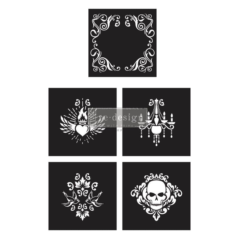 glam punk stencil by redesign with prima, skulls wings, chandelier