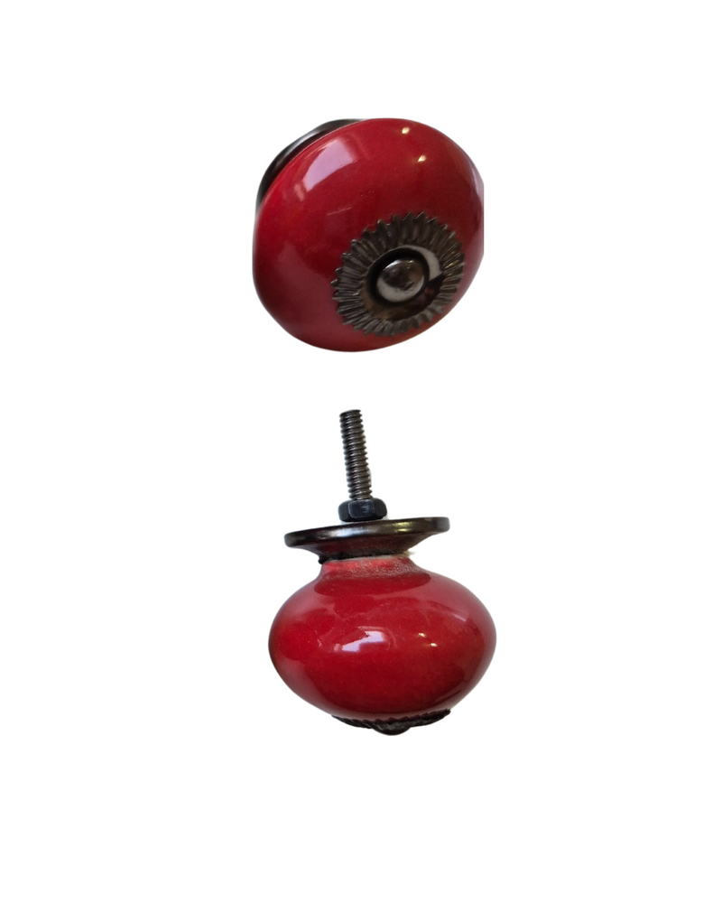 RED Ceramic
Sold Singularly
Drawer knob

Each Knob is ~4cm wide 3cm deep.

Screw thread length 3cm

Add a touch of bold elegance to your furniture with these Red Ceramic Drawer Knobs, featuring rich red ceramic, complemented by stylish bronze hardware. The vibrant red hue brings a striking pop of colour, while the bronze accents offer a timeless, sophisticated contrast. Perfect for updating drawers, cabinets, or dressers, these knobs effortlessly combine modern flair with classic charm.