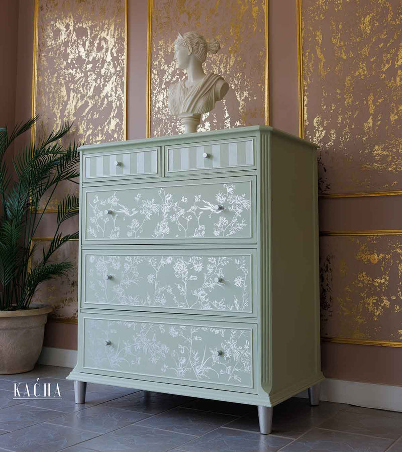 silver foil furniture transfer, with leaf branches and small birds