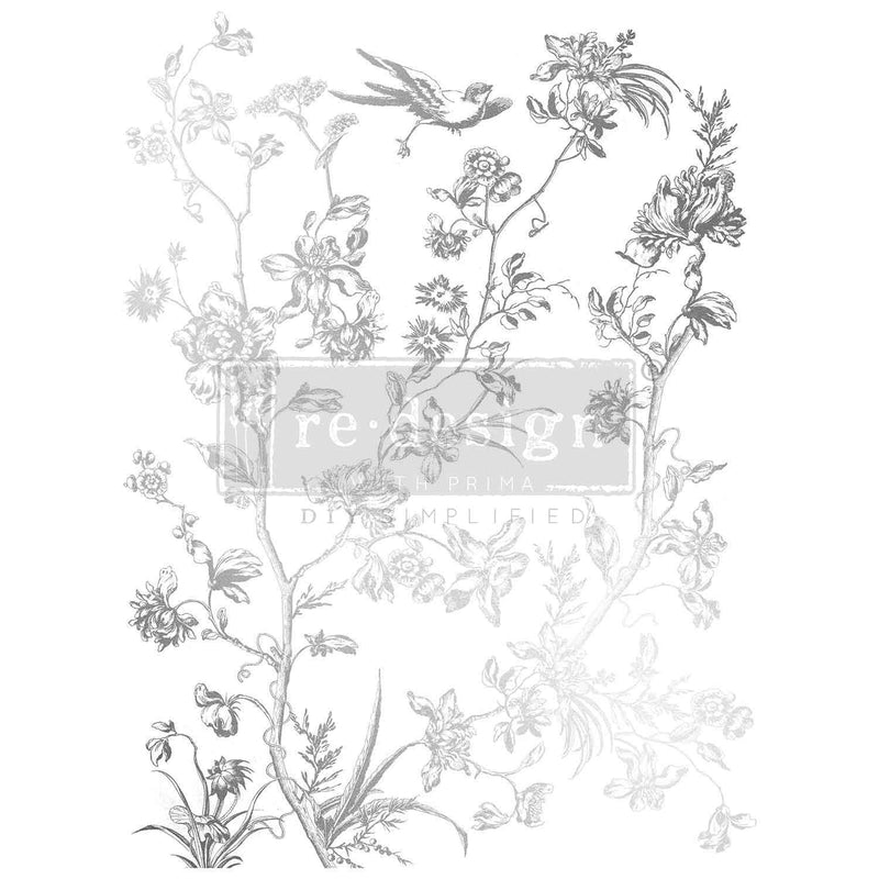 silver foil furniture transfer with branches and birds